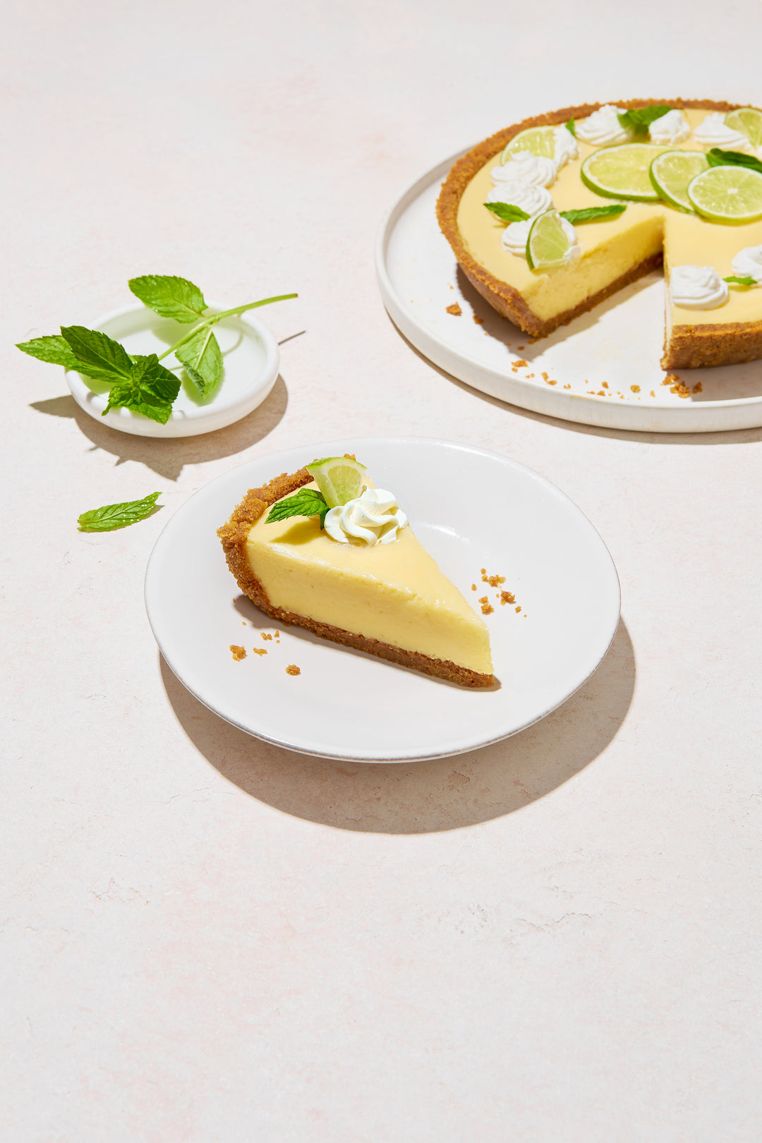 Slice of lemon pie accompanied by mint leaves