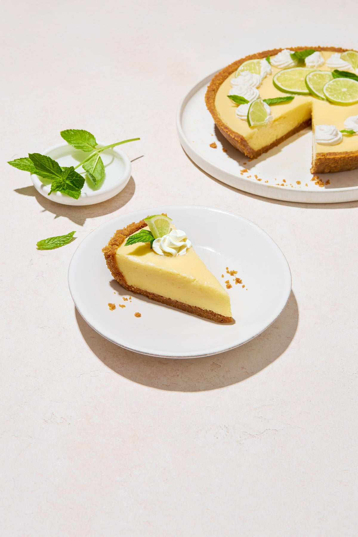 Slice of lemon pie accompanied by mint leaves