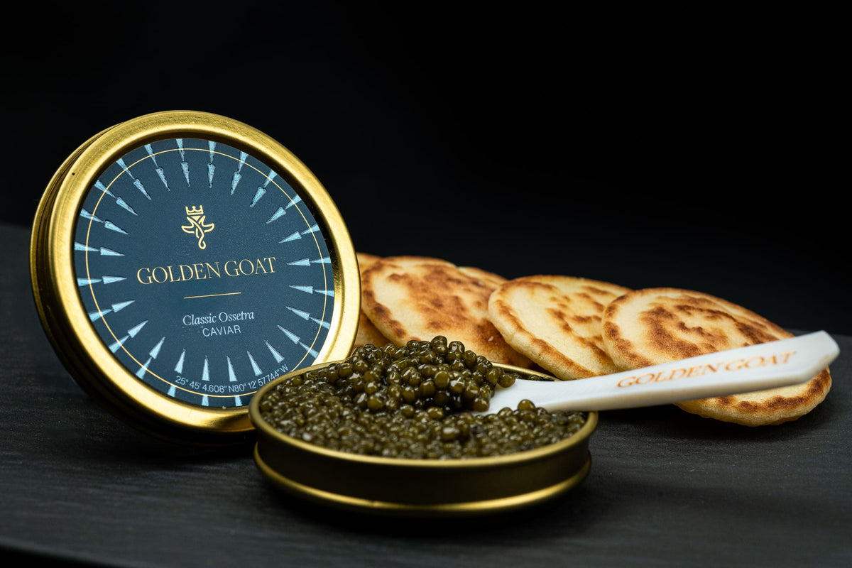 Caviar with Golden Goat branding on a black background