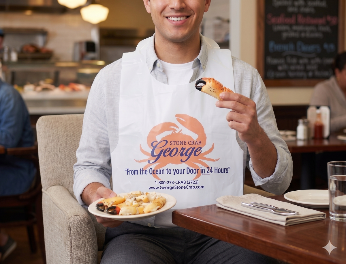 Man wearing a George Stone Crab bib, eating stone crab claws