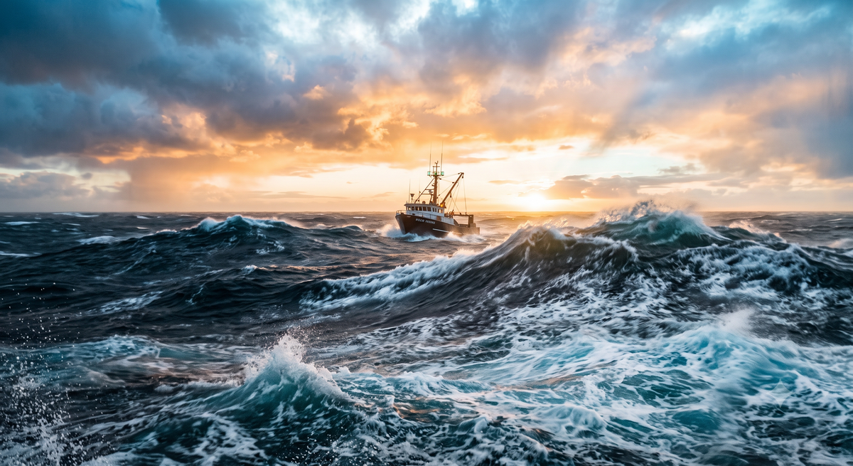 A fishing boat navigates rough ocean waves under a dramatic sunset sky filled with dark clouds and golden light rays.