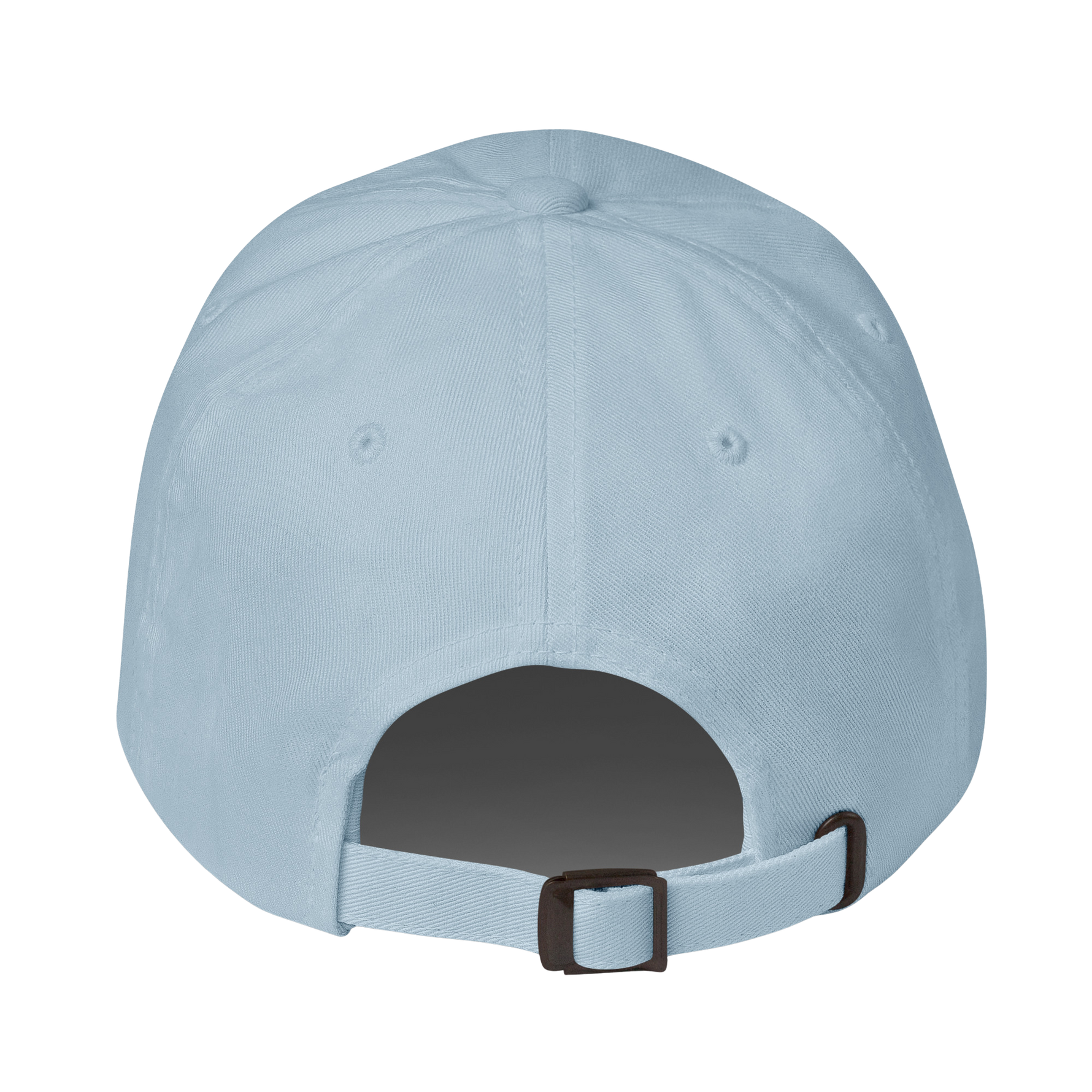 Back view of a light blue baseball cap with an adjustable strap and dark plastic buckle, isolated on a white background.