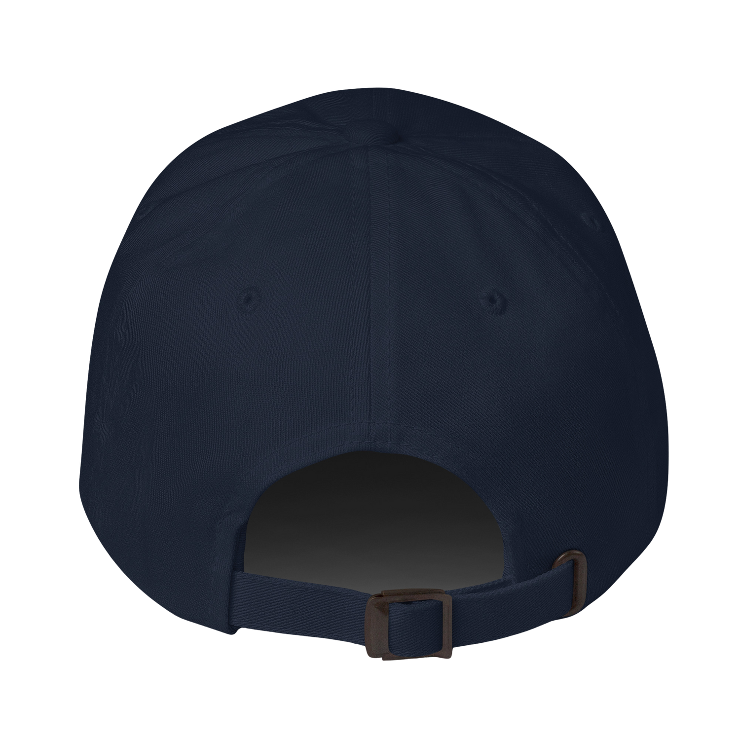 The back view of a dark navy blue baseball cap with an adjustable strap and metal buckle, isolated on a white background.