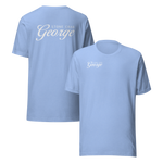 Blue t-shirt with a cross and dove design on the front and 'Peace in the Storm' text on the back, displayed on a white background.