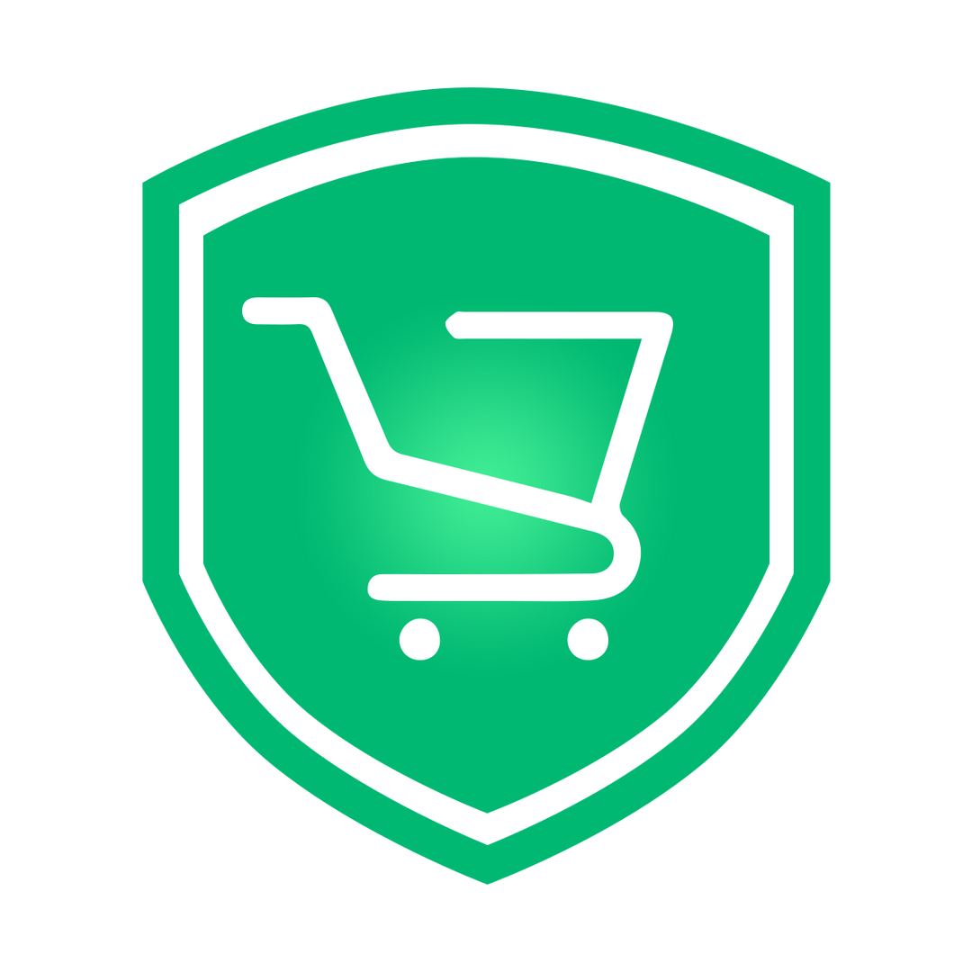 A green shield emblem with a shopping cart icon representing a package protection service.